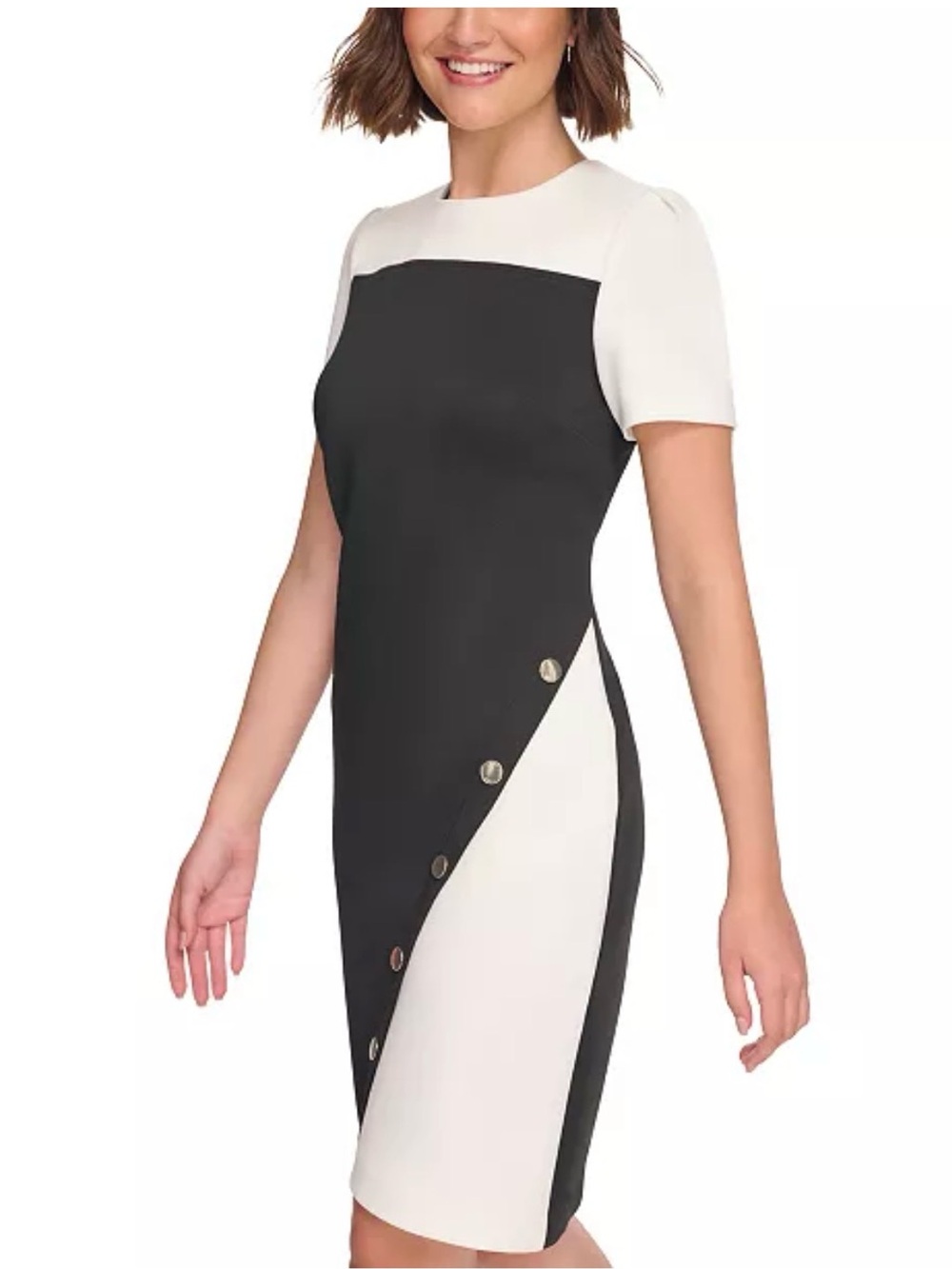 Tommy Hilfiger Black and White Colorblock Sheath Dress with Side Button Trim - Picture 3 of 11